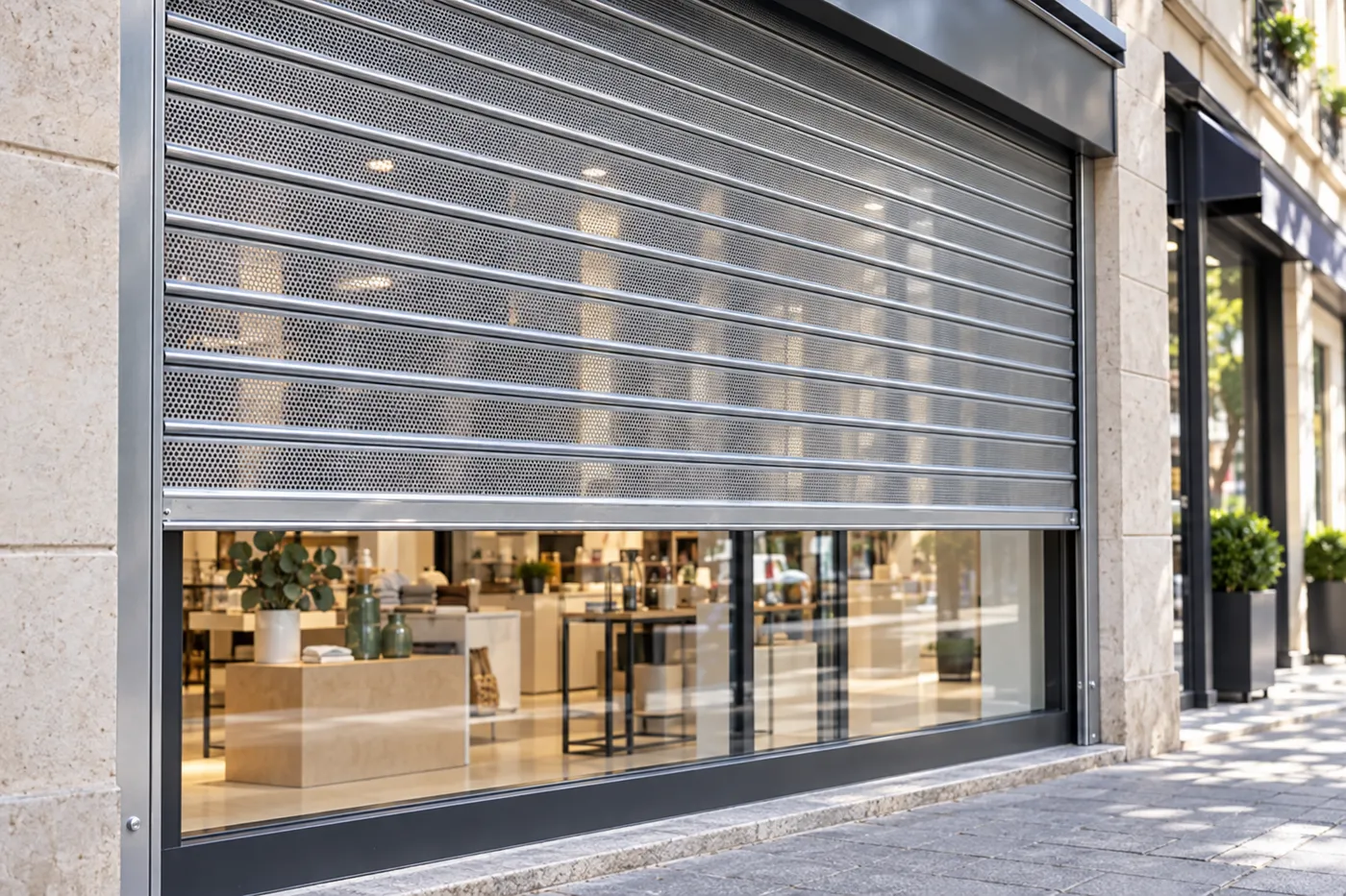 Rideau métallique à lames micro-perforées remis dans ses coulisses devant une vitrine de commerce