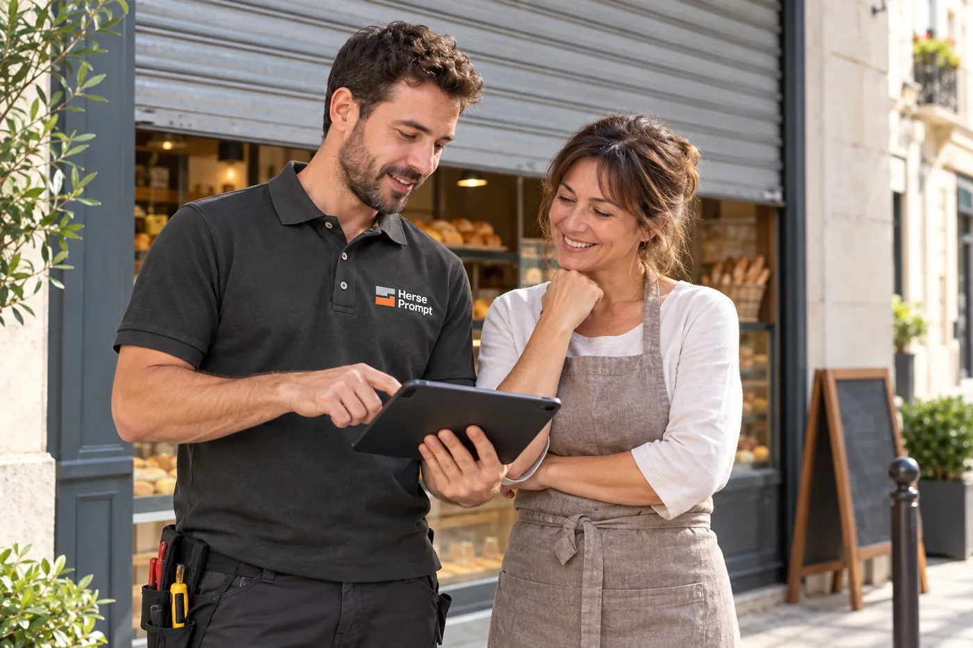 Technicien en polo Herse Prompt présentant le diagnostic sur tablette à une commerçante devant son rideau métallique
