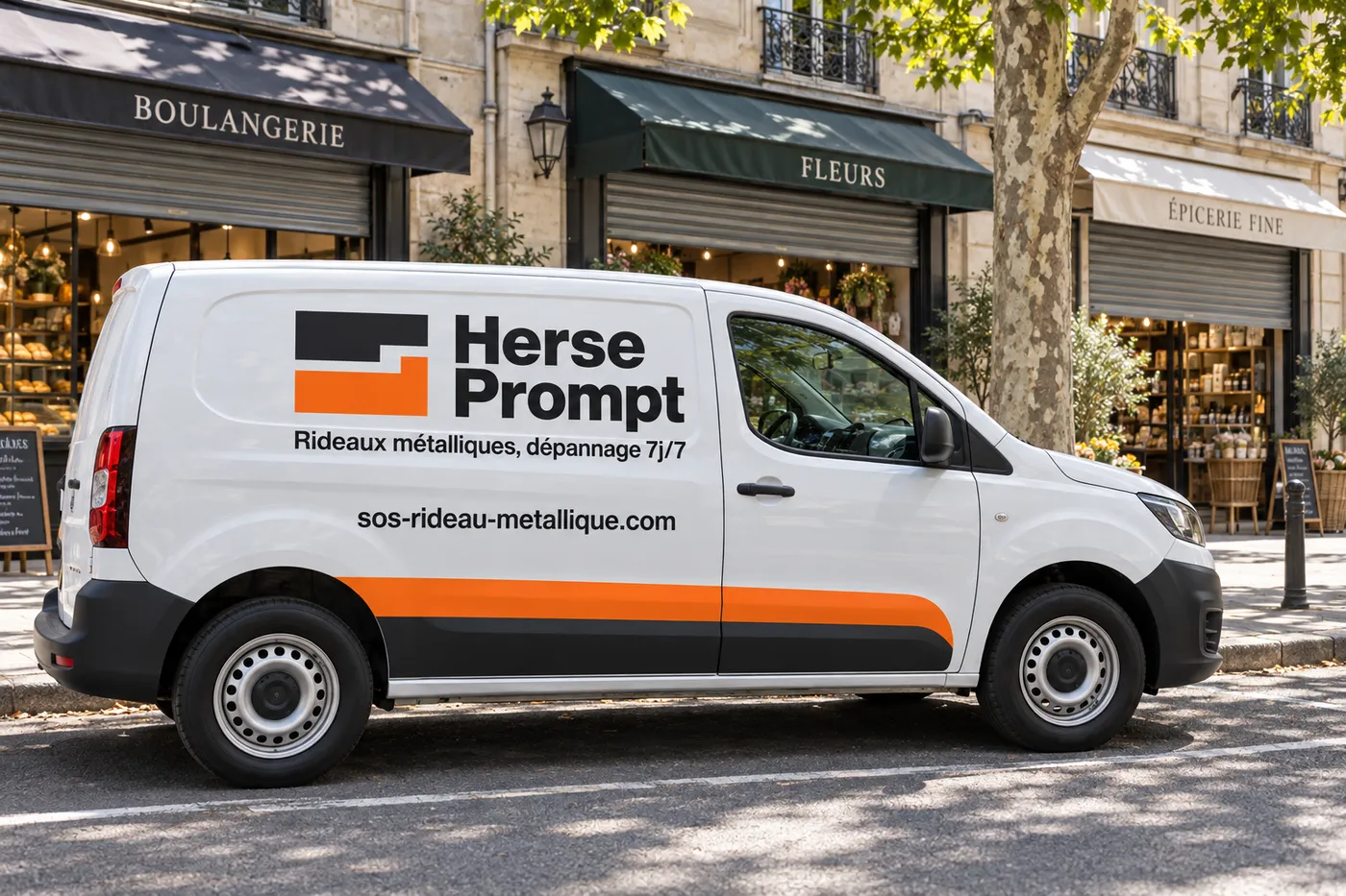 Utilitaire blanc aux couleurs de Herse Prompt, avec l'adresse sos-rideau-metallique.com, garé dans une rue commerçante